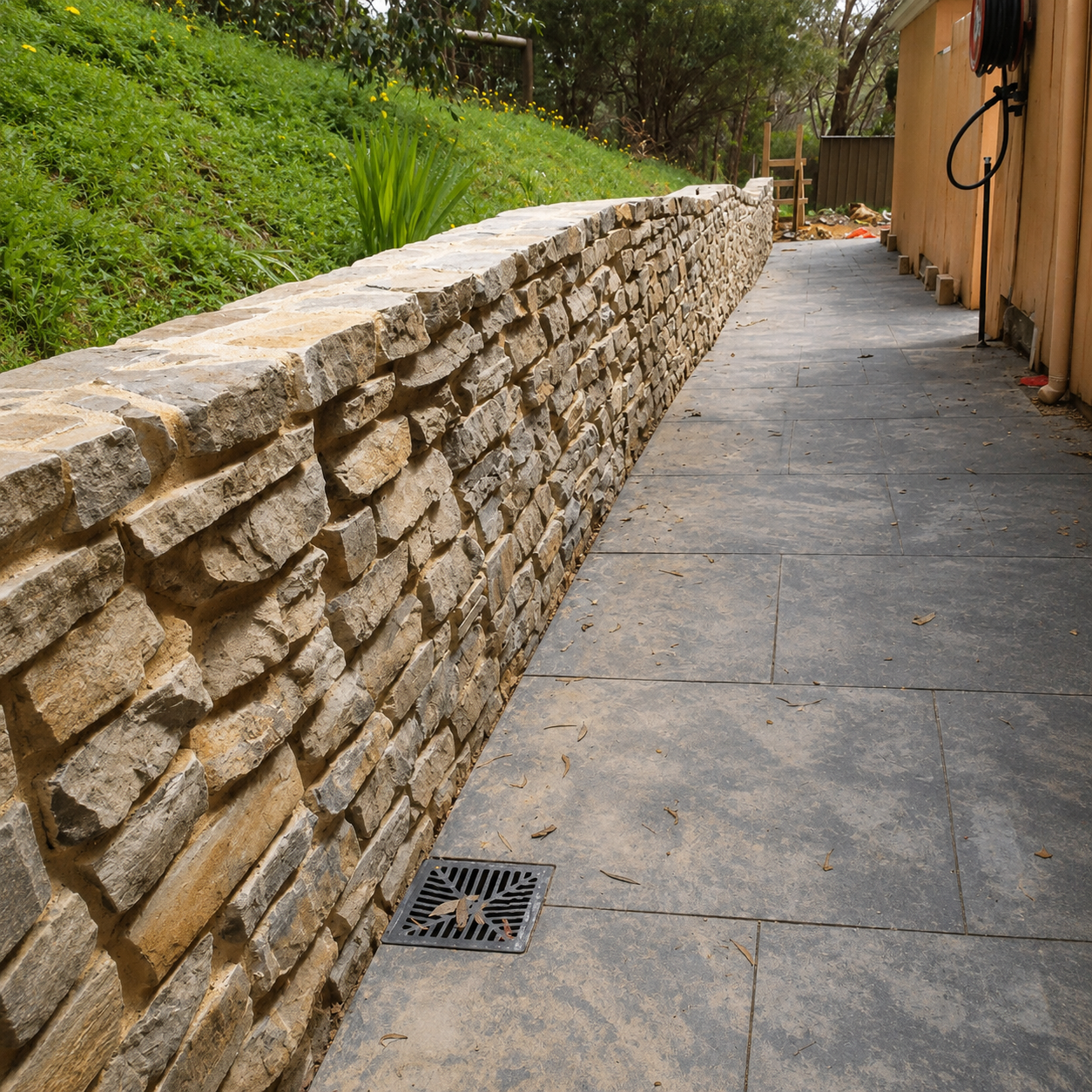 Stone walls, paving and built features in a constructed garden