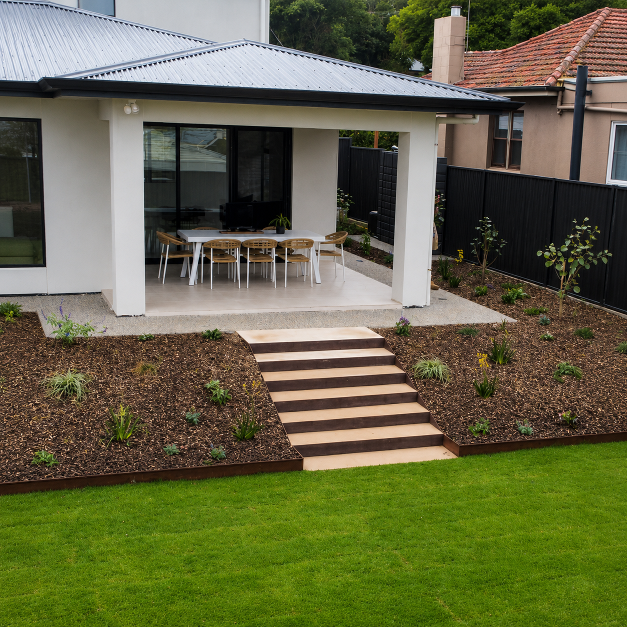 A well maintained established garden with lawn and planting