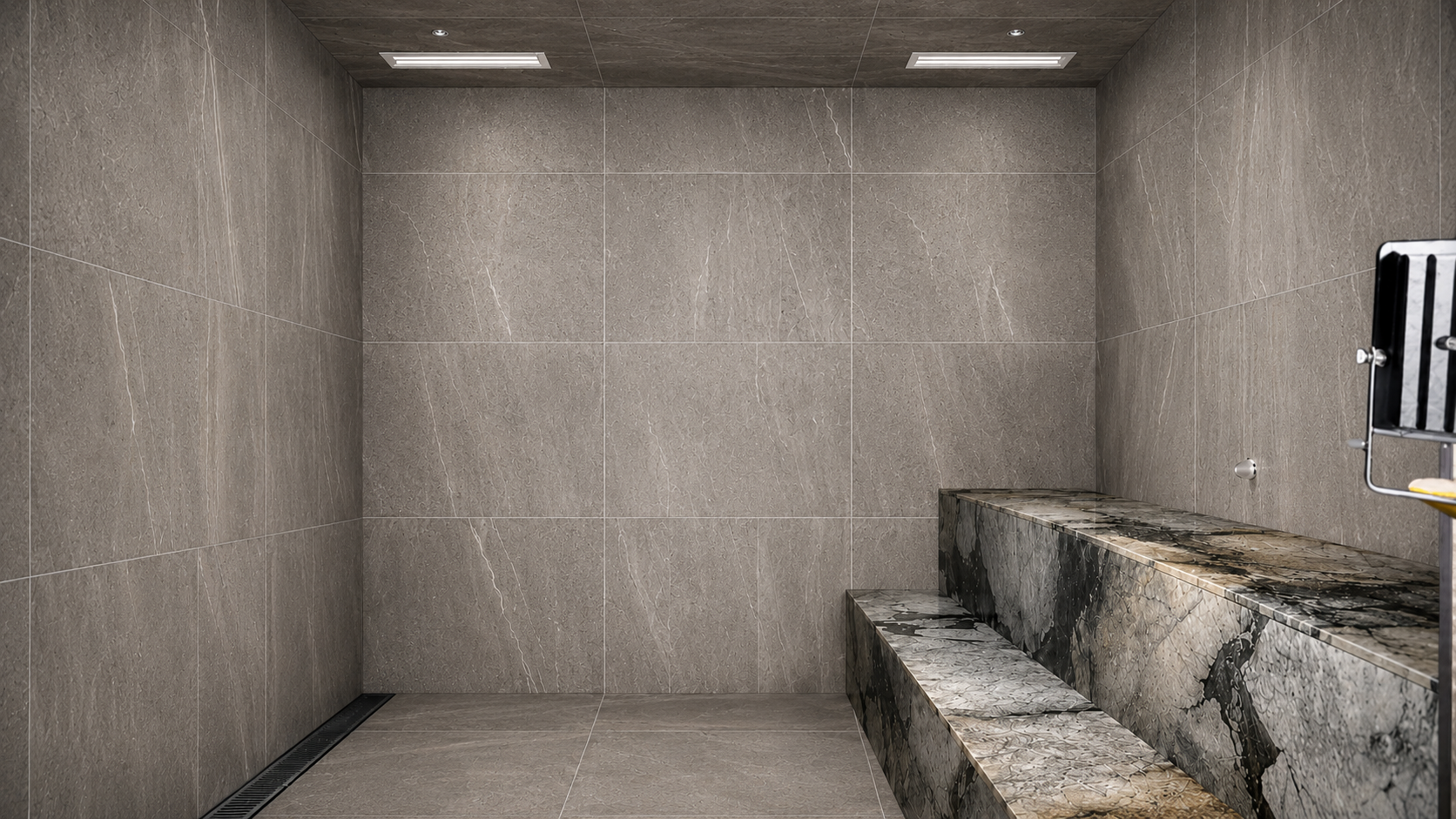 Architectural bathroom interior with large format porcelain and natural stone